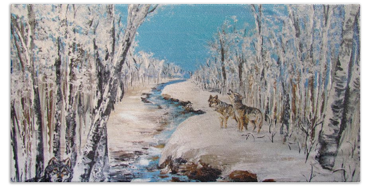 Winter Beach Towel featuring the painting Winter Wolves by Mandy Joy