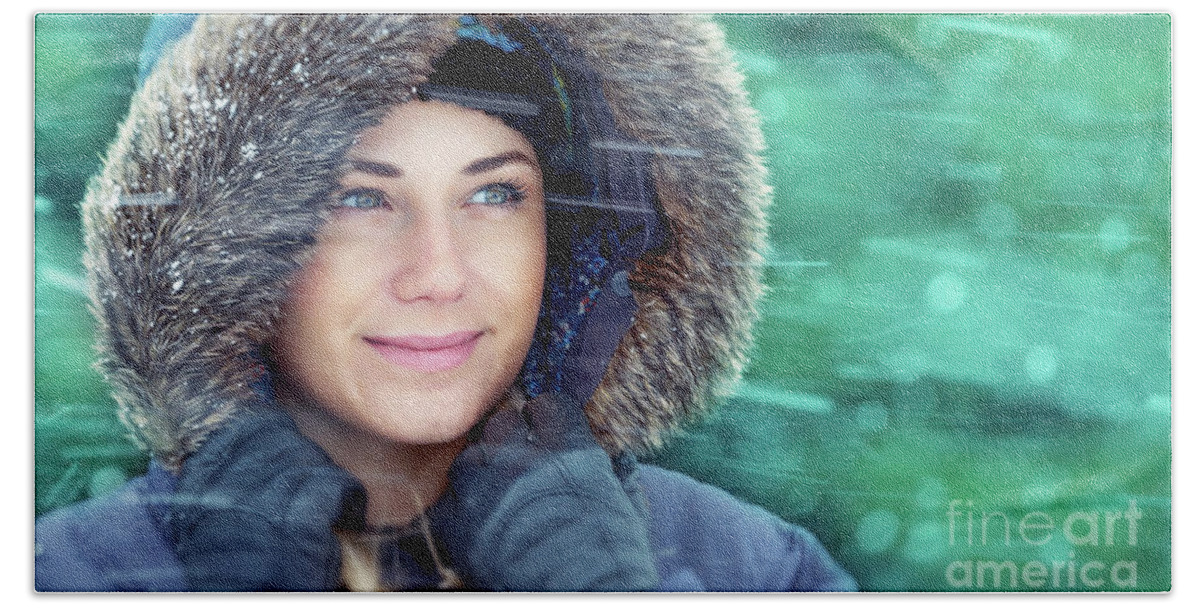 Adult Beach Sheet featuring the photograph Winter woman portrait by Anna Om