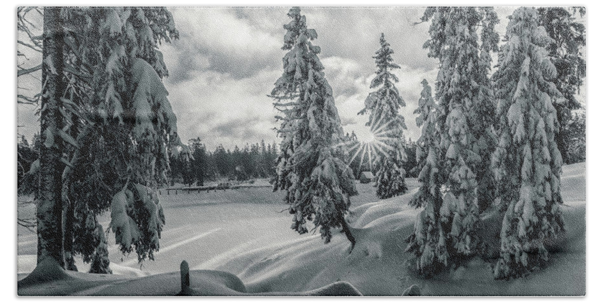 Nature Beach Sheet featuring the photograph Winter Wonderland Harz in monochrome by Andreas Levi