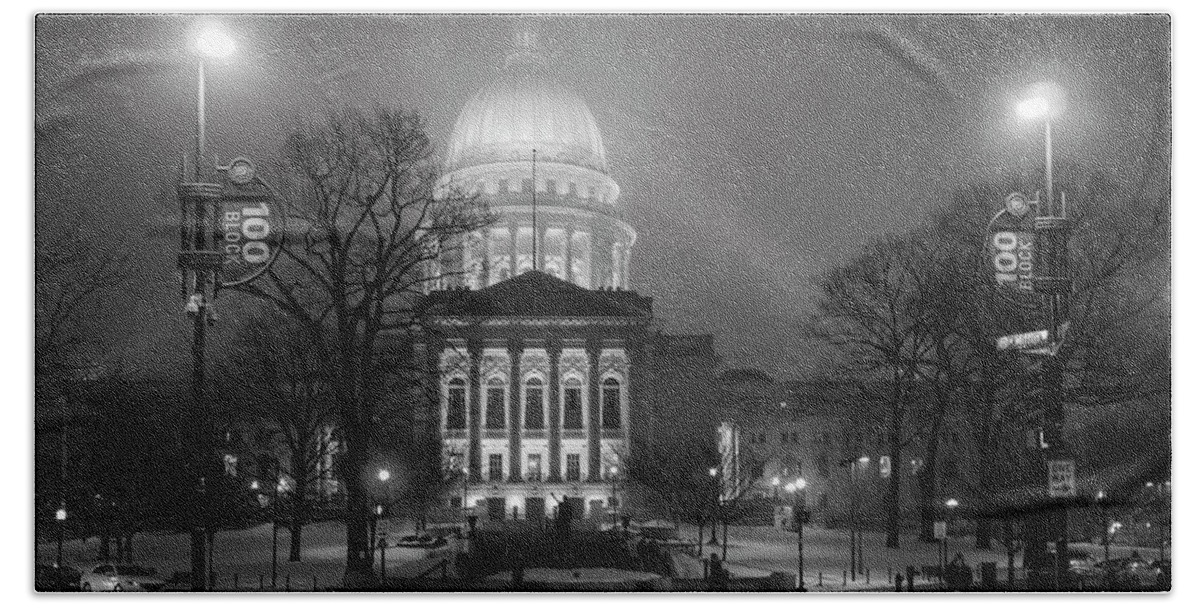Wisconsin State Capitol Beach Towel featuring the photograph Wisconsin State Capitol-Foggy Night by Todd Bannor