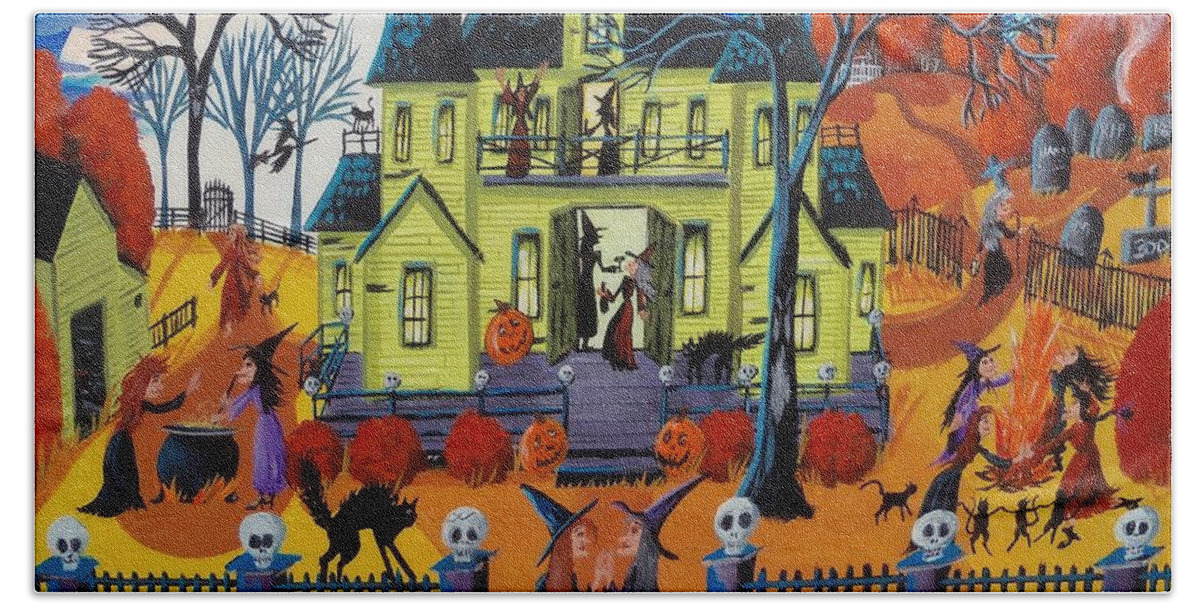 Halloween Beach Towel featuring the painting Witch Haven - house of witches by Debbie Criswell