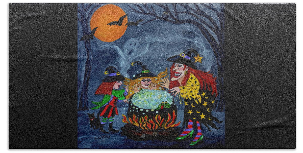 Witches Beach Towel featuring the painting Witches Spelling Class - Halloween by Julie Brugh Riffey