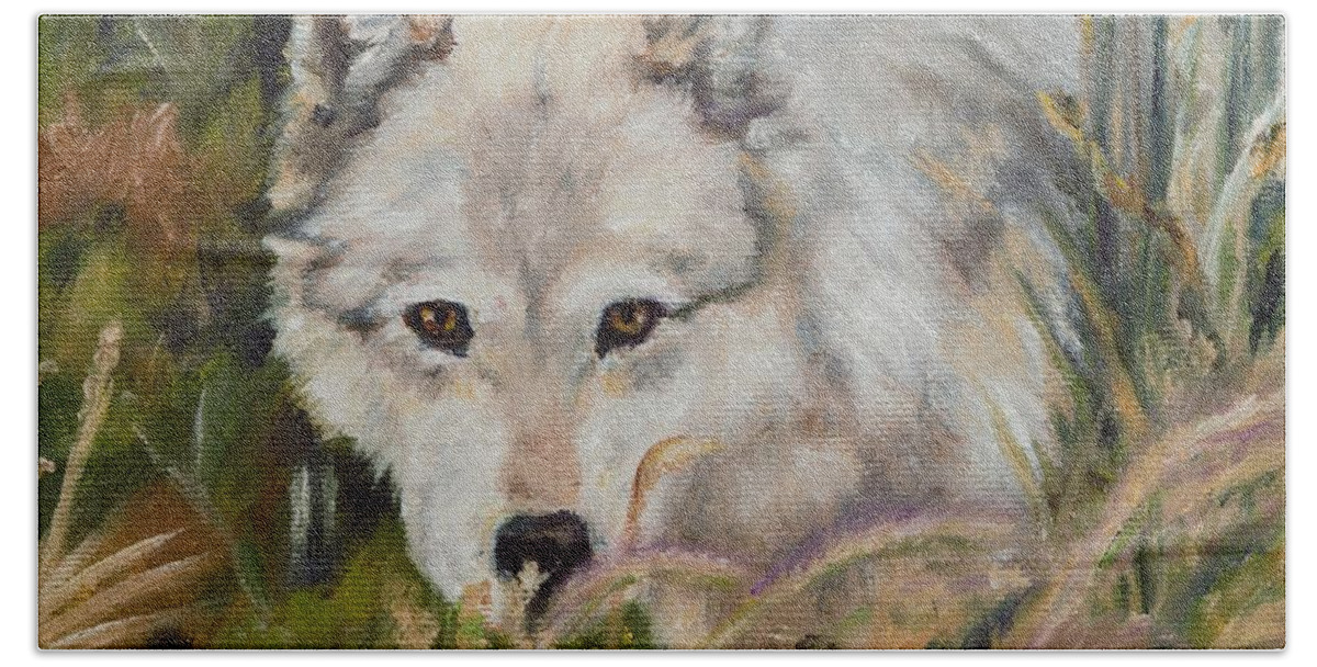 Wolf Beach Sheet featuring the painting Wolf Among Foxtails by Lori Brackett