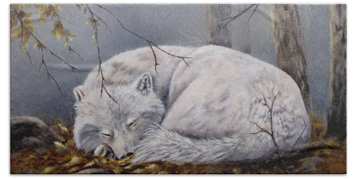 Wolf Beach Sheet featuring the painting Wolf Dreams by Mary McCullah