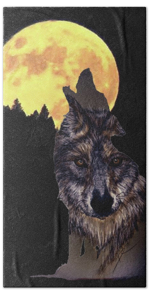 Wolf Beach Towel featuring the digital art Wolf howling at the moon by Darren Cannell