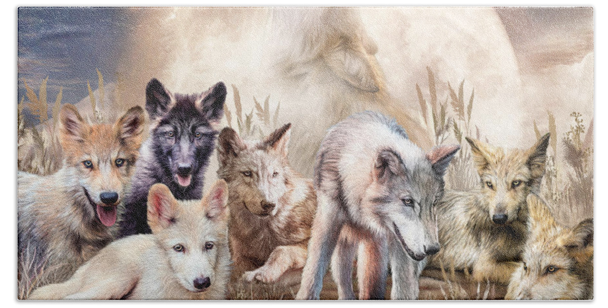 Carol Cavalaris Beach Towel featuring the mixed media Wolves - Young And Wild by Carol Cavalaris