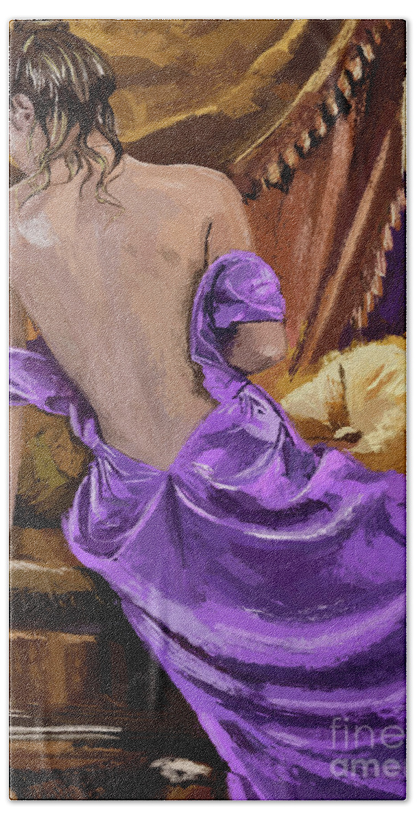 Woman In A Purple Dress Beach Sheet featuring the painting Woman In A Purple Dress by Tim Gilliland