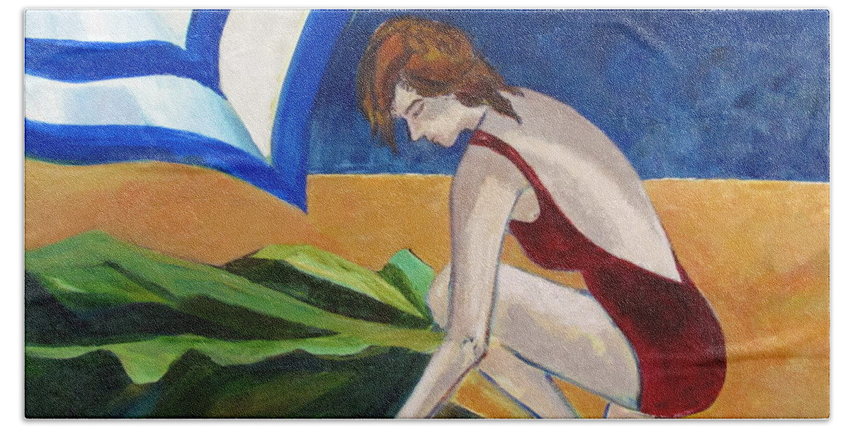Beach Beach Sheet featuring the painting Woman on the Beach by Betty Pieper
