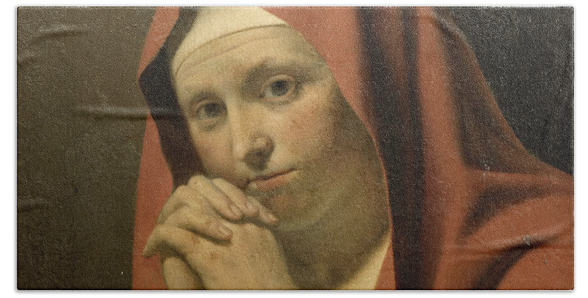 Circle Of Caesar Van Everdingen Beach Towel featuring the painting Woman Praying by Circle of Caesar van Everdingen