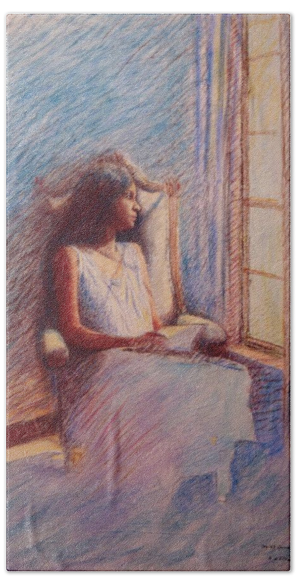 Woman In Peaceful Repose Beach Towel featuring the pastel Woman Reading by Window by Herschel Pollard
