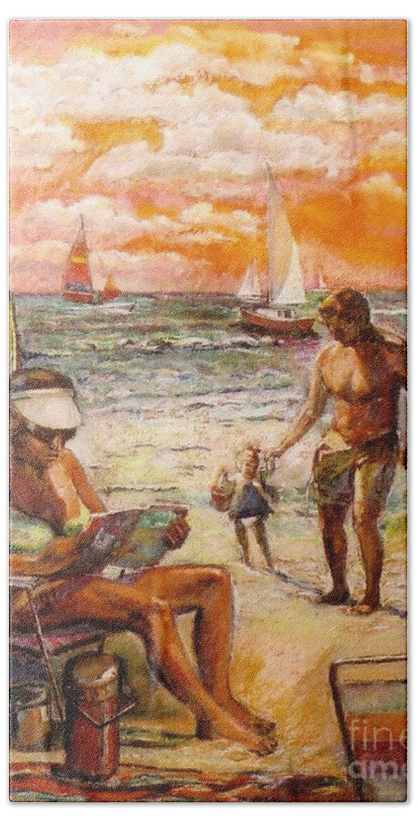 Beach Scene Beach Towel featuring the painting Woman Reading On The Beach by Stan Esson