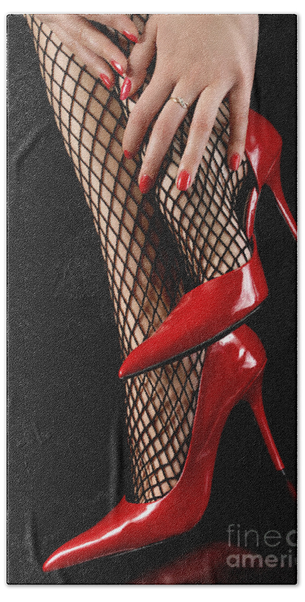 Shoes Beach Towel featuring the photograph Woman Wearing Red Sexy High Heels by Maxim Images Exquisite Prints