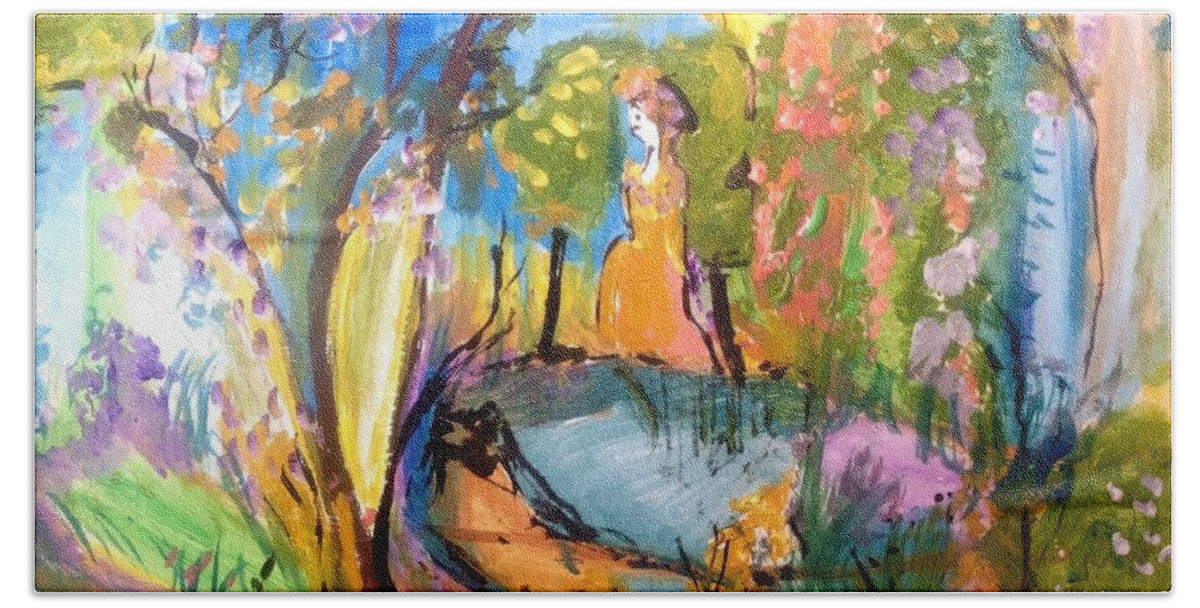 Garden Beach Towel featuring the painting Wondering in the garden by Judith Desrosiers
