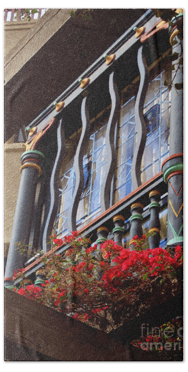 Architectural Beach Towel featuring the photograph Wood Beams Red Flowers and Blue Window by James Eddy