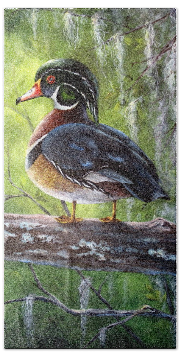 Duck Beach Sheet featuring the painting Wood Duck by Mary McCullah