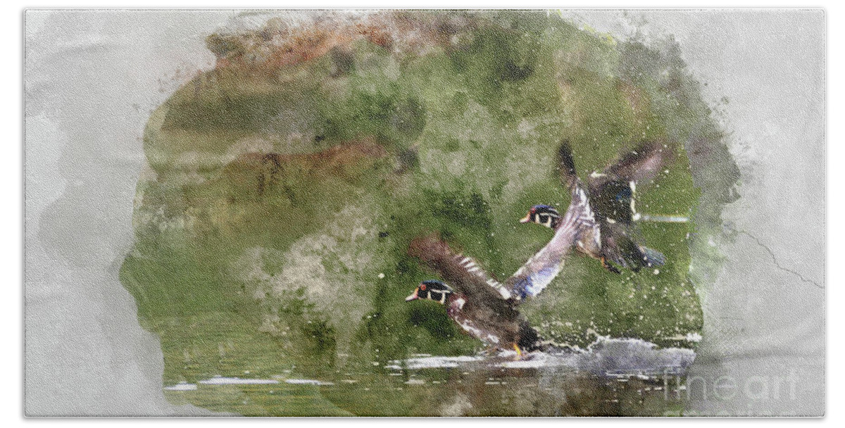 Animal Watercolor Beach Sheet featuring the digital art Wood Ducks in Flight by Kathy Kelly