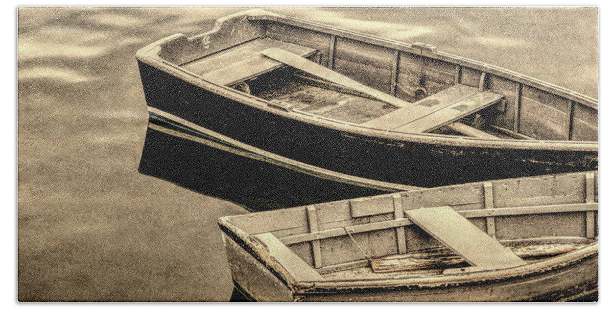 Boats Beach Towel featuring the photograph Wood Rowboats Sepia Distressed by David Smith