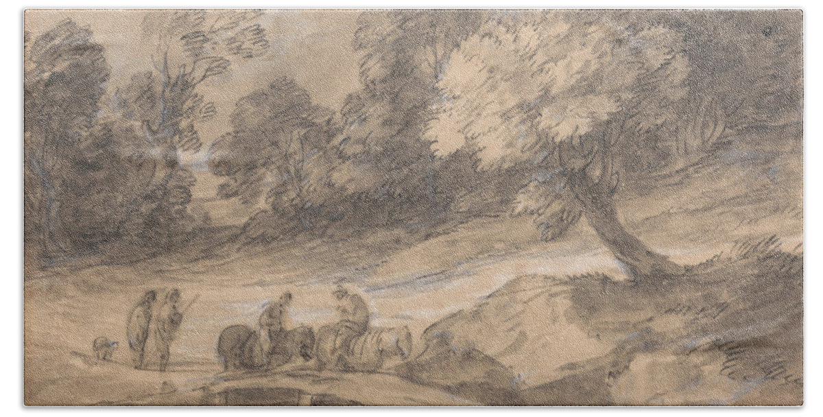 18th Century Art Beach Towel featuring the drawing Wooded Landscape with Figures on Horseback Crossing a Bridge by Thomas Gainsborough