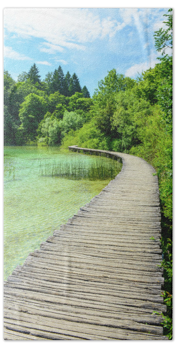 Green Beach Towel featuring the photograph Wooden Path by Brandon Bourdages