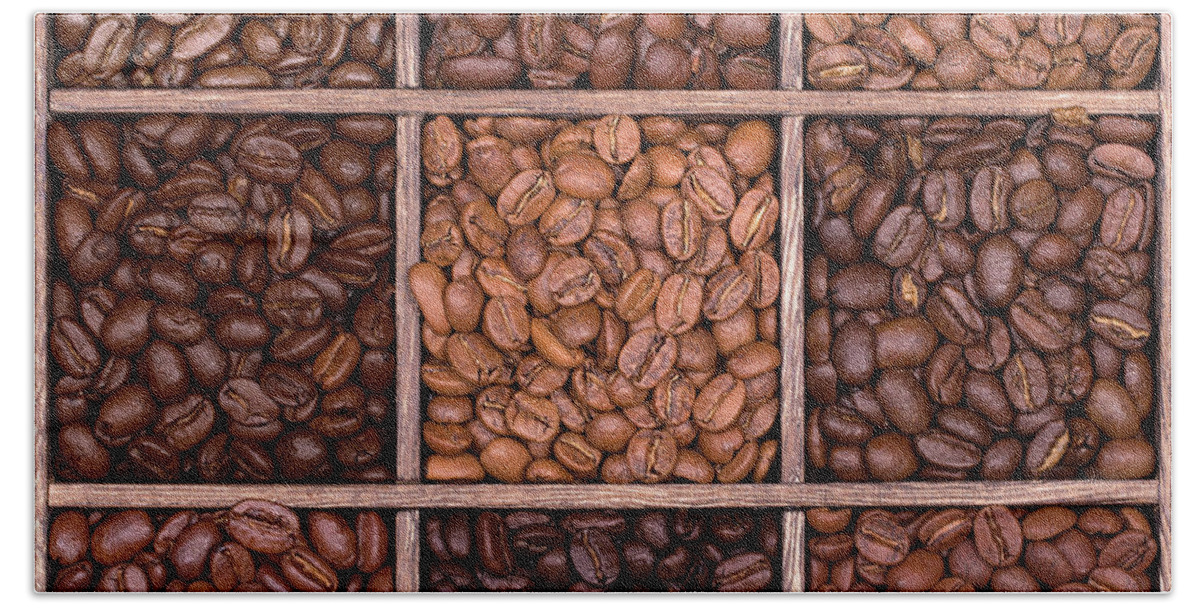 Coffee Beach Towel featuring the photograph Wooden storage box filled with coffee beans by Jane Rix