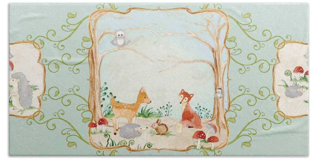 Wood Beach Towel featuring the painting Woodland Fairy Tale - Aqua Blue Forest Gathering of Woodland Animals by Audrey Jeanne Roberts