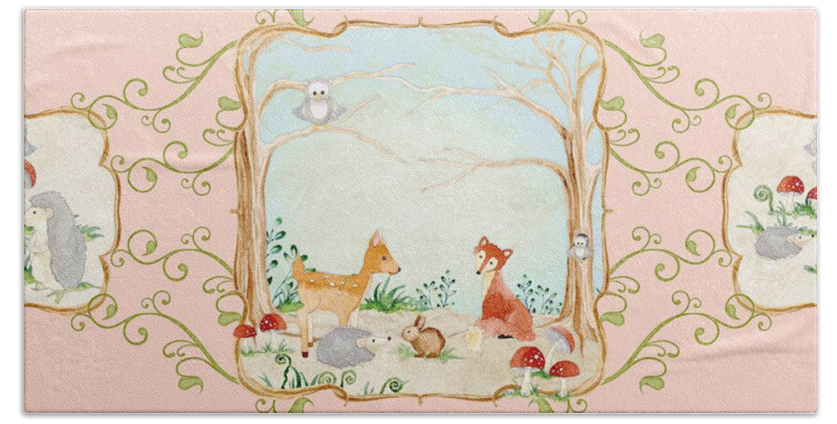 Wood Beach Towel featuring the painting Woodland Fairy Tale - Blush Pink Forest Gathering of Woodland Animals by Audrey Jeanne Roberts