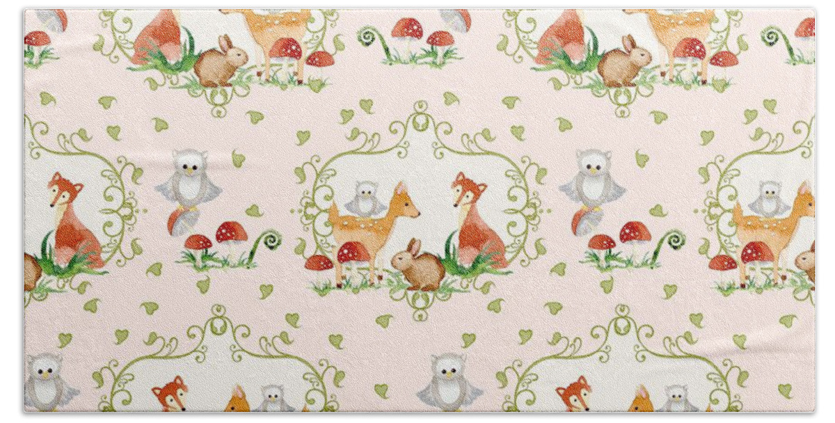 Blush Pink Beach Towel featuring the painting Woodland Fairy Tale - Pink Sweet Animals Fox Deer Rabbit owl - Half Drop Repeat by Audrey Jeanne Roberts