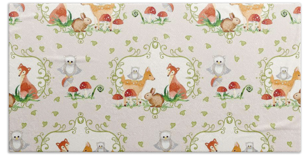 Grey Beach Towel featuring the painting Woodland Fairy Tale - Warm Grey Sweet Animals Fox Deer Rabbit owl - Half Drop Repeat by Audrey Jeanne Roberts