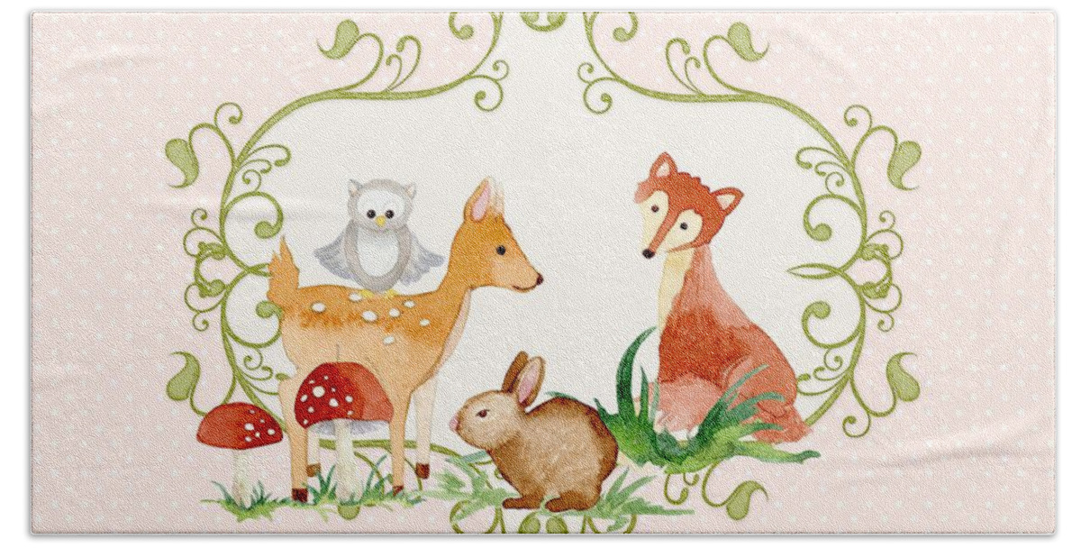 Woodland Beach Towel featuring the painting Woodland Fairytale - Animals Deer Owl Fox Bunny n Mushrooms by Audrey Jeanne Roberts