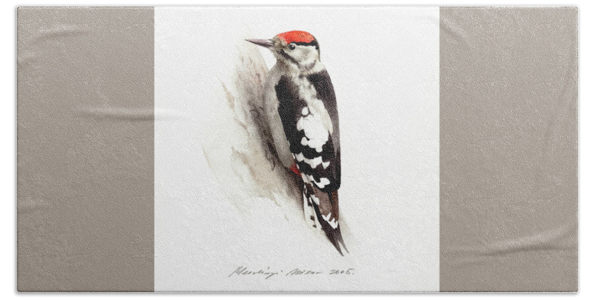 Woodpecker Beach Sheet featuring the painting Woodpecker by Attila Meszlenyi