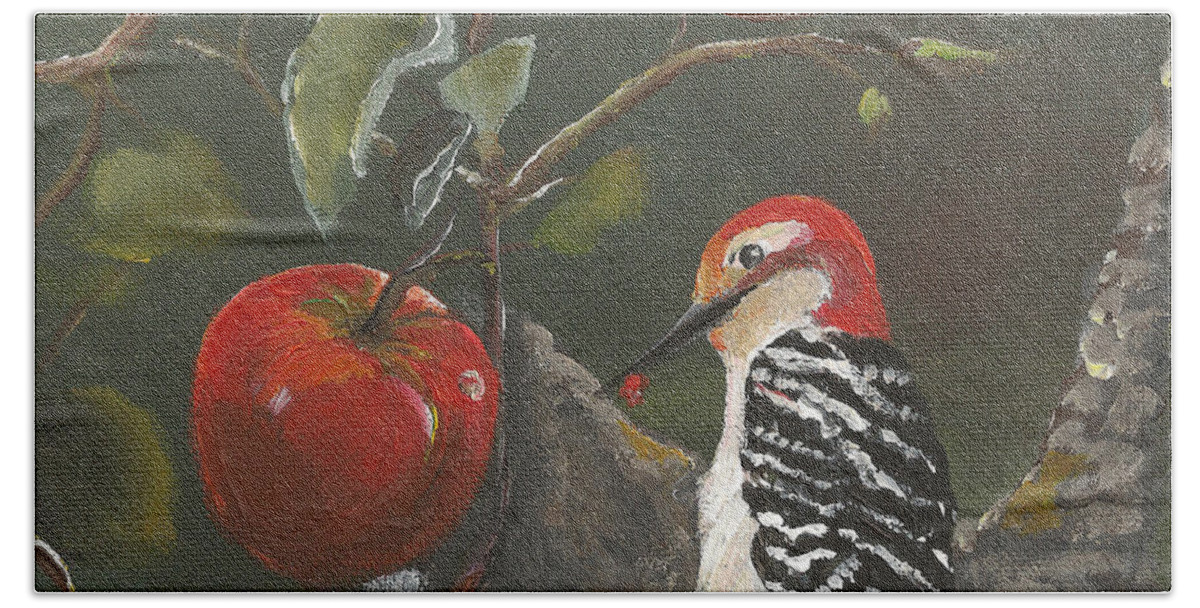 Woodpecker Beach Towel featuring the painting Woodpecker in Apple Tree by Jan Dappen