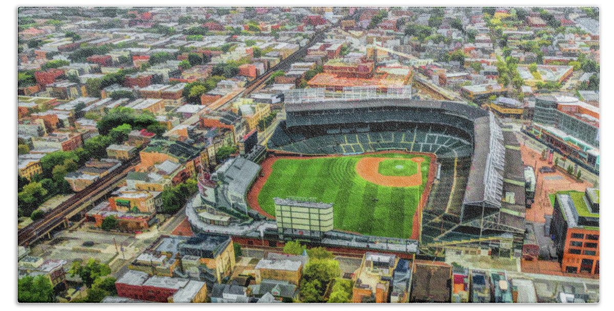 Chicago Beach Towel featuring the painting Wrigley Field Chicago Skyline by Christopher Arndt