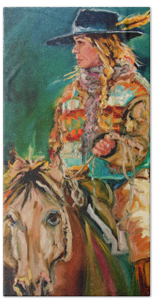 Cowgirl Diane Whitehead Beach Towel featuring the painting Wyoming Cowgirl by Diane Whitehead