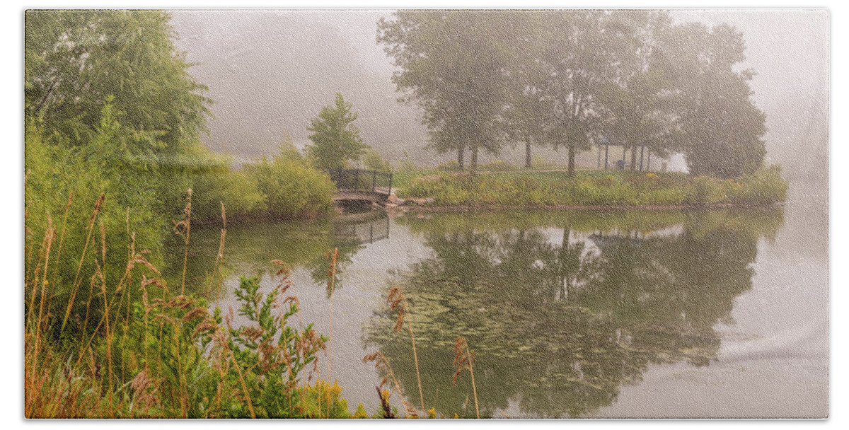 Island Beach Sheet featuring the photograph Misty Pond Bridge Reflection #5 by Patti Deters