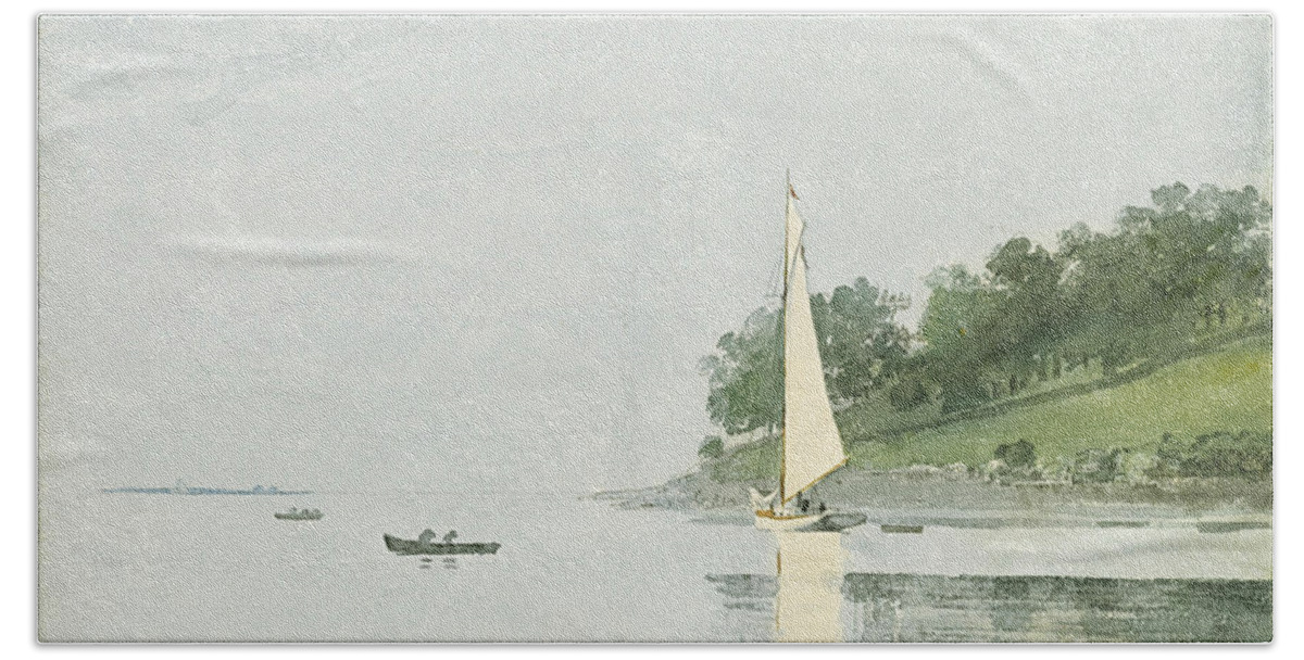 Winslow Homer Beach Towel featuring the drawing Yacht in a Cove. Gloucester by Winslow Homer
