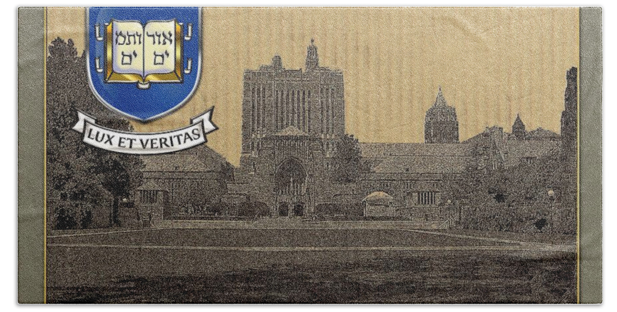Heraldry Beach Towel featuring the photograph Yale University Building with Crest by Serge Averbukh