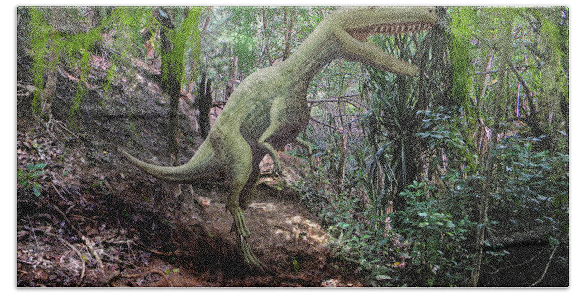 Dinosaur Art Beach Towel featuring the mixed media Yangchuanosaurus In Jungle by Frank Wilson
