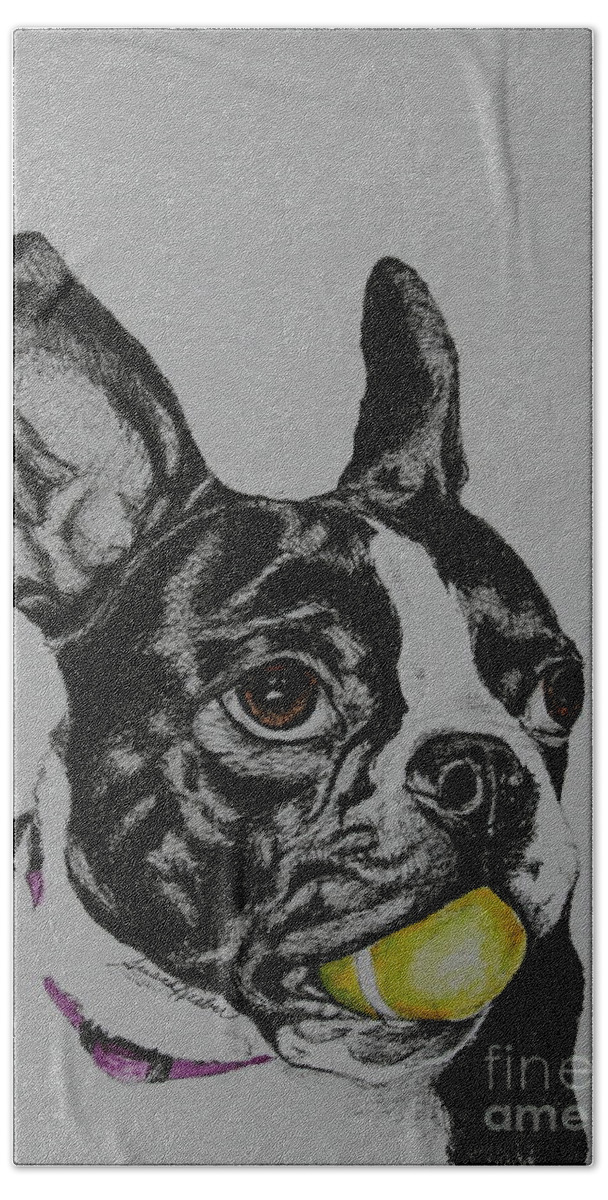 Boston Terrier Beach Sheet featuring the mixed media Yellow Ball by Susan Herber
