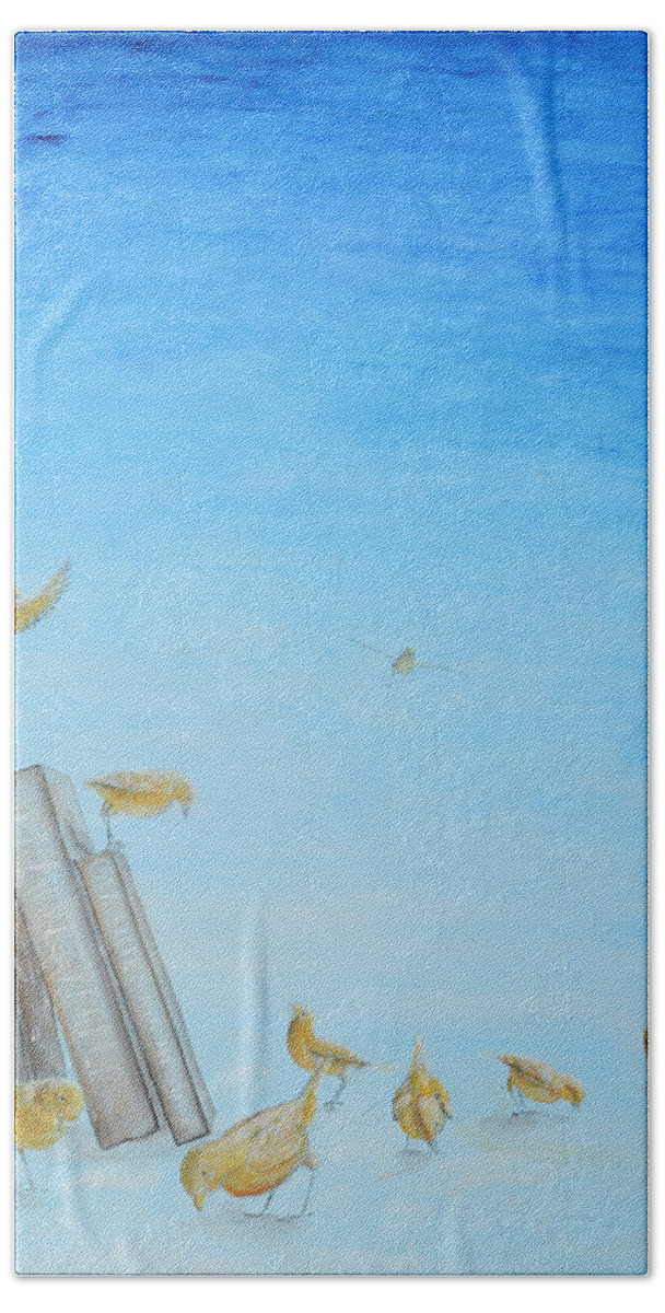 Canaries Beach Towel featuring the painting Yellow Birds in the Blue3 by Nik Helbig
