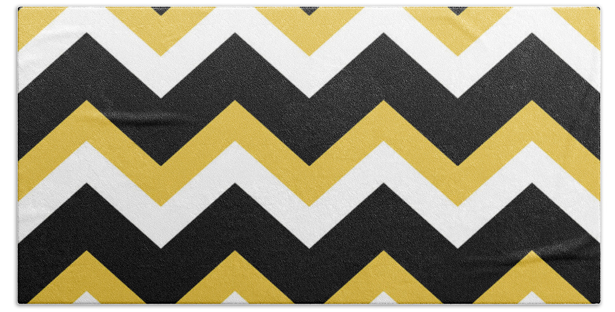 Chevron Pattern Beach Towel featuring the mixed media Yellow and Black Chevron Pattern by Christina Rollo