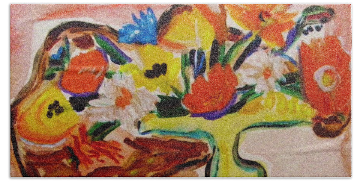 Acrylic And Watercolor Beach Sheet featuring the painting Yellow Blown Glass Vase by Mary Carol Williams