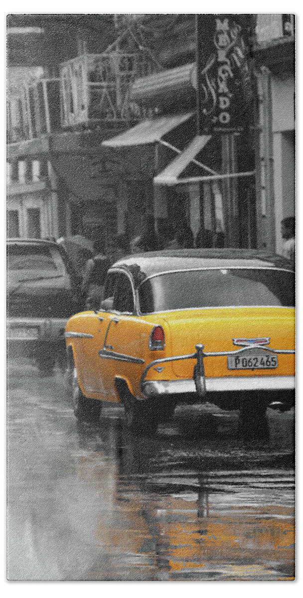Cuba Beach Towel featuring the photograph Yellow Car in Havana by Bill Cain