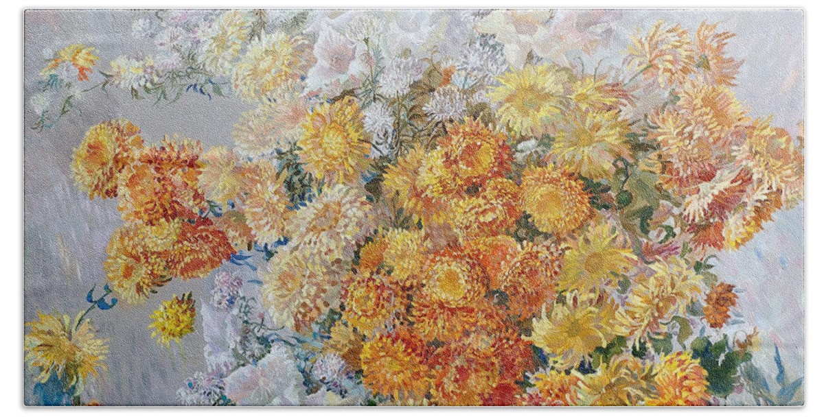 Maya Gusarina Beach Towel featuring the painting Yellow Chrysanthemum by Maya Gusarina