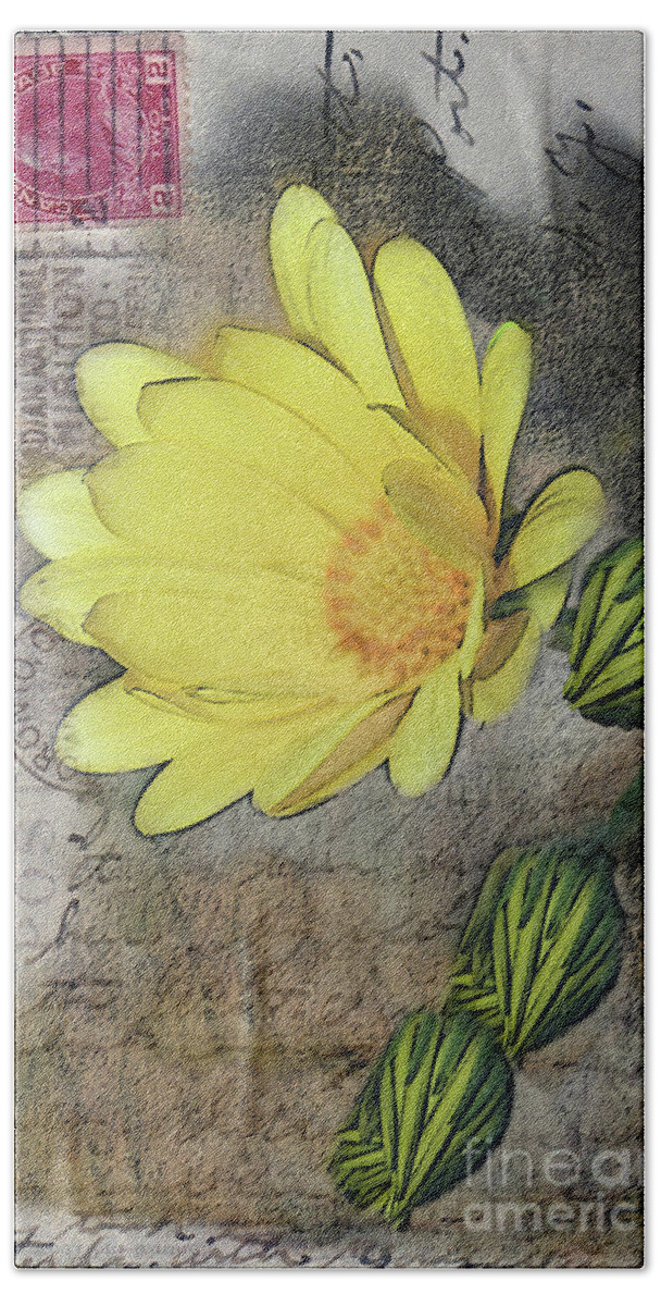 Postcard Beach Towel featuring the photograph Yellow Daisy on Vintage 1916 Postcard by Nina Silver
