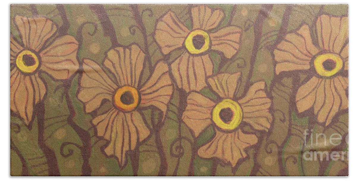 Flower Beach Towel featuring the pastel Yellow-eyed flowers by Julia Khoroshikh