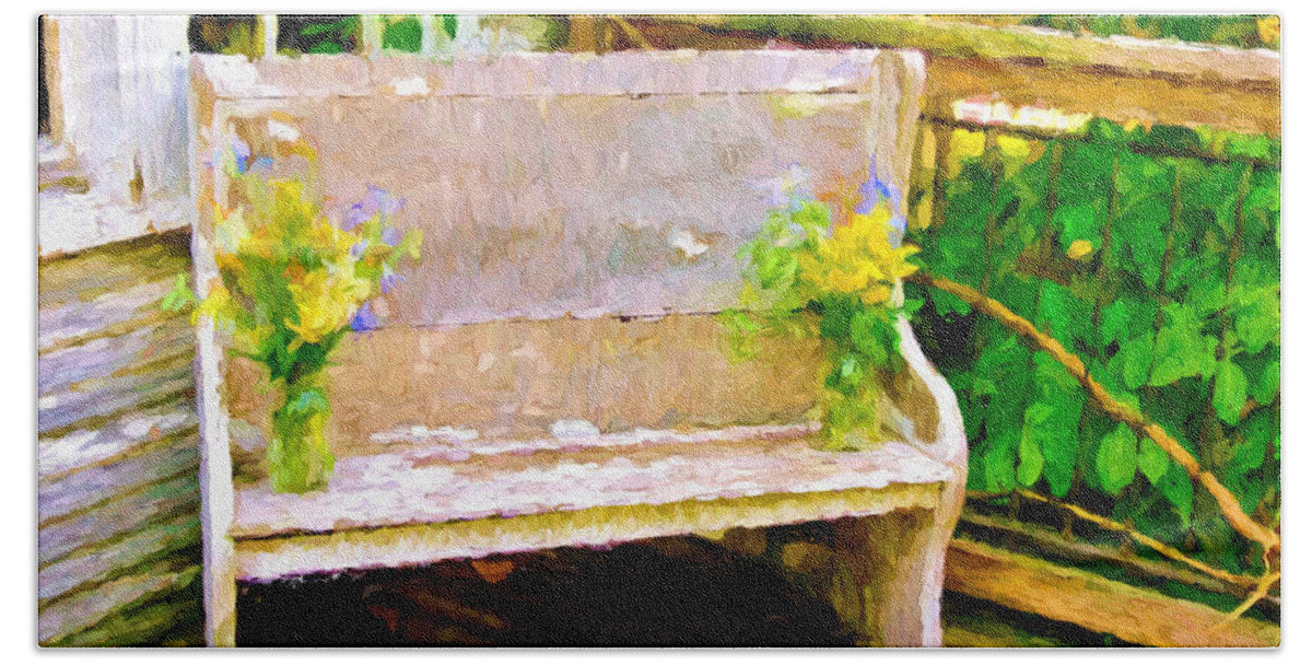 Porch Beach Towel featuring the photograph Yellow Flowers on Porch Bench by Ginger Wakem