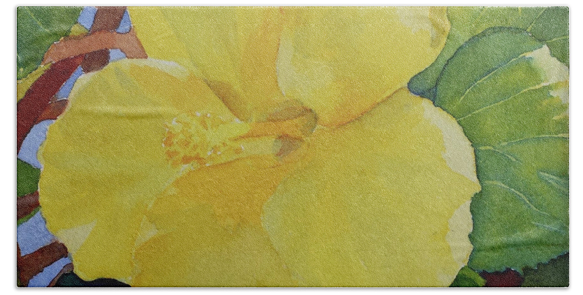 Floral Beach Sheet featuring the painting Yellow Hibiscus by Judy Mercer