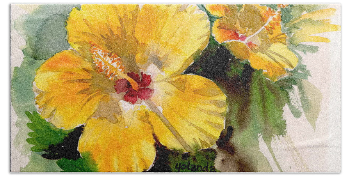 Flower Beach Towel featuring the painting Yellow hibiscus by Yolanda Koh