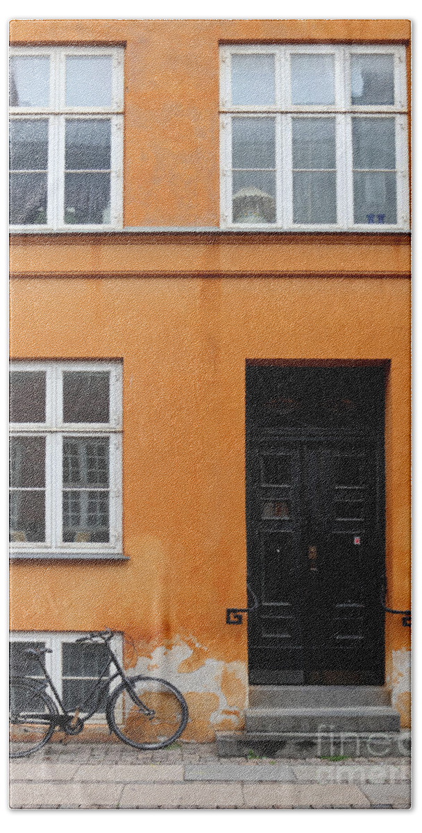 Copenhagen Denmark Yellow House Bike Orange Beach Towel featuring the photograph The Orange House Copenhagen Denmark by Julia Gavin