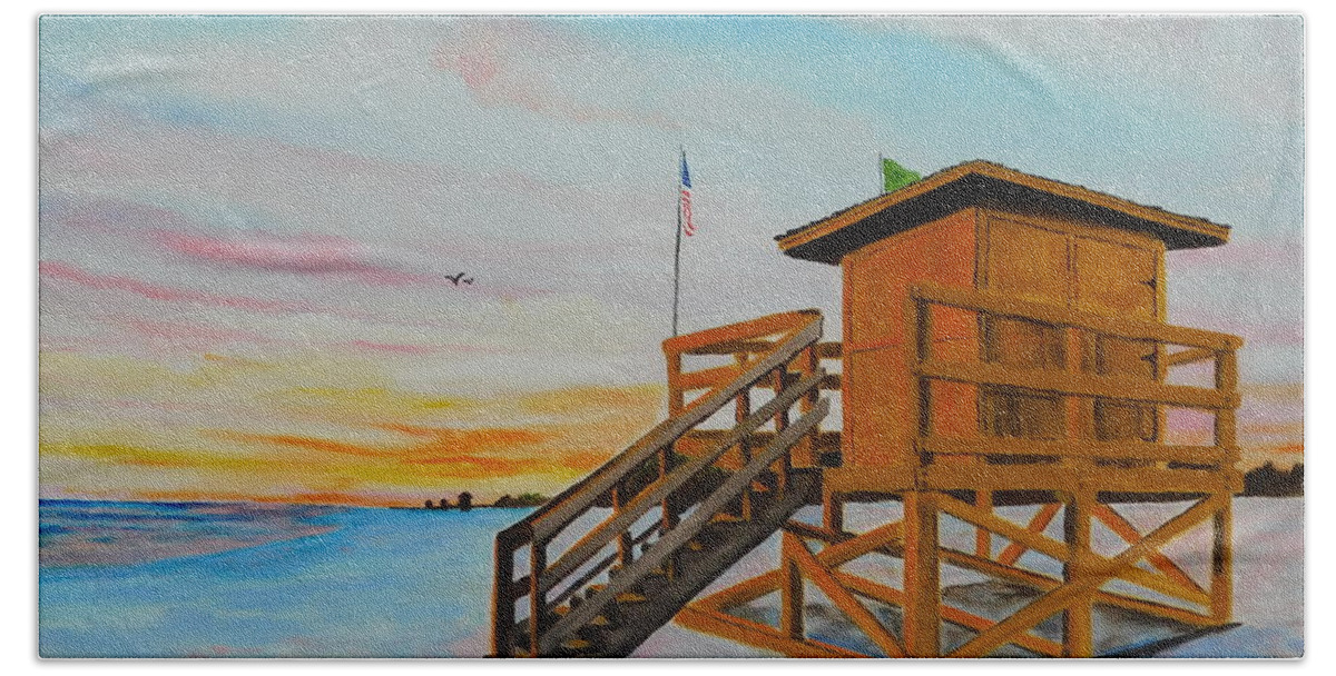 Yellow Lifeguard Stand Beach Sheet featuring the painting Yellow Lifeguard Stand At Sunset by Lloyd Dobson